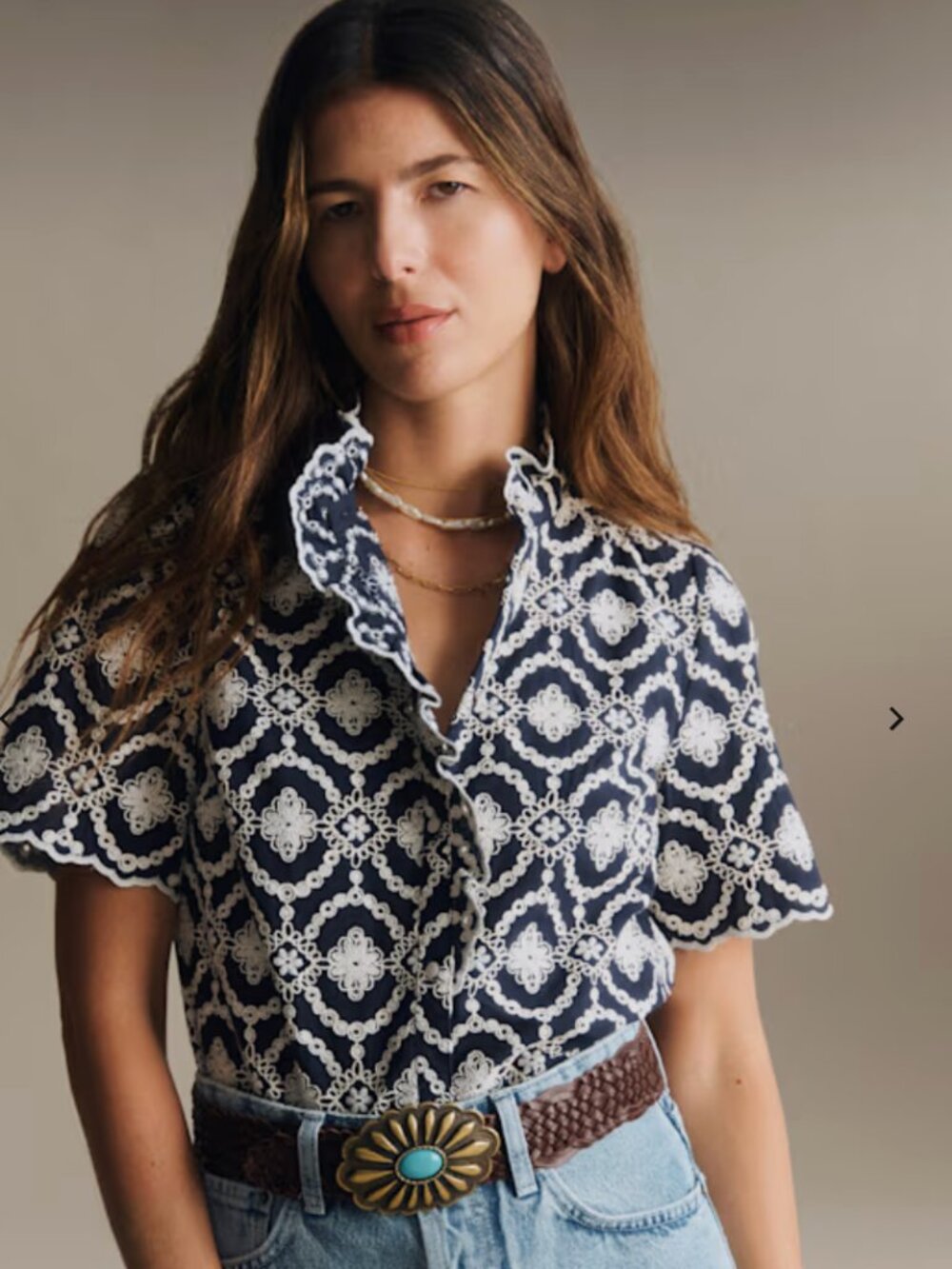 Sezane Navy and White Crochet-Pattern Ruffled Collar Blouse